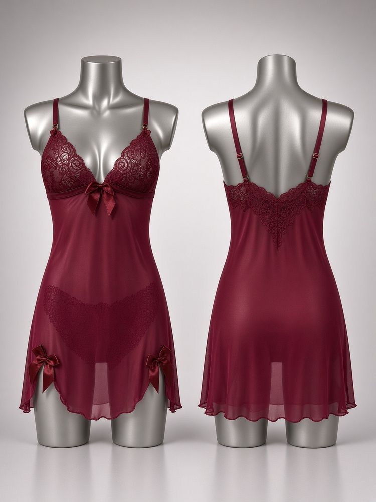 Baby doll vinotinto de mallatex y encaje, referencia BD-01